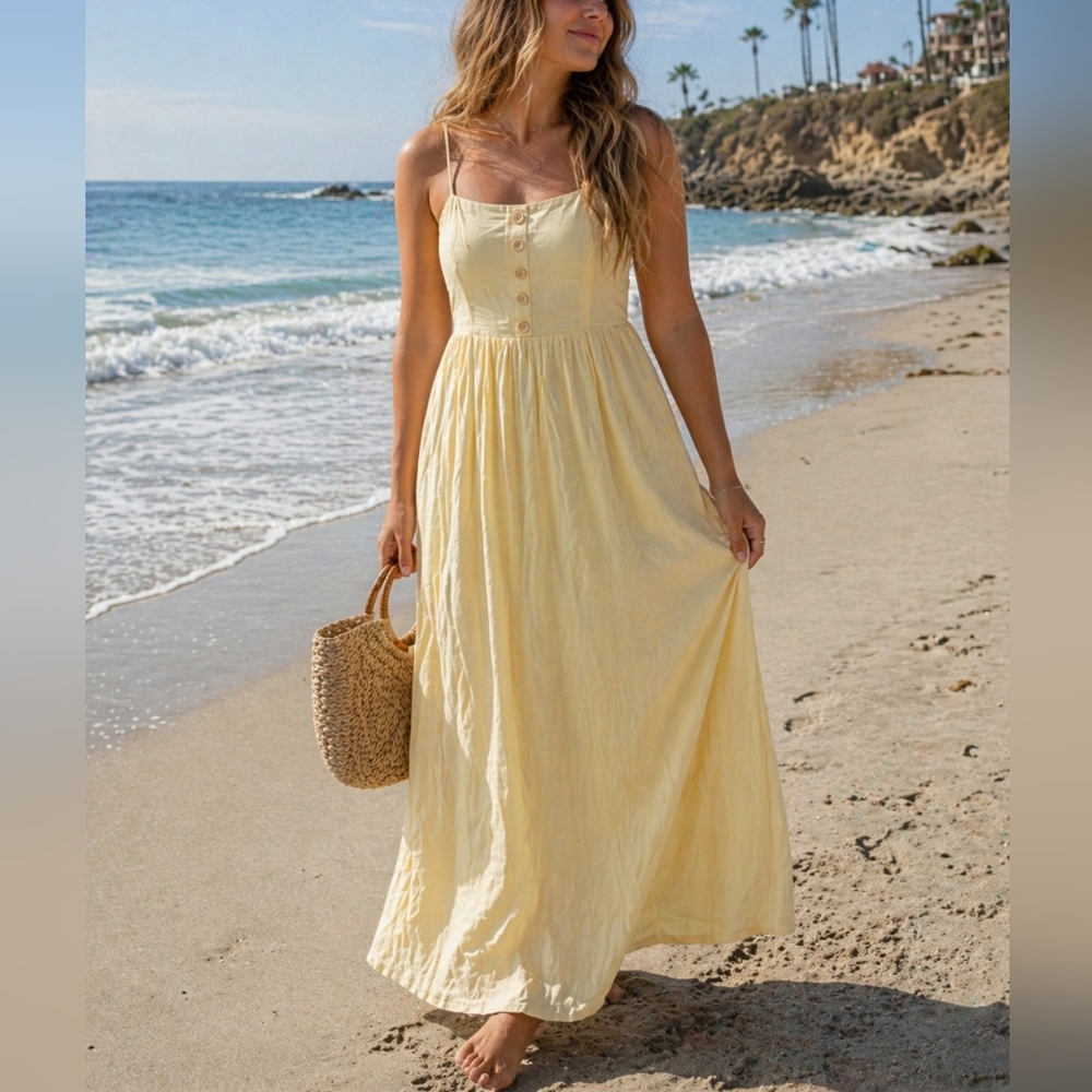 Pink Lily Pale Yellow Maxi Dress Button Front Spaghetti Strap Flowy Dress Size S